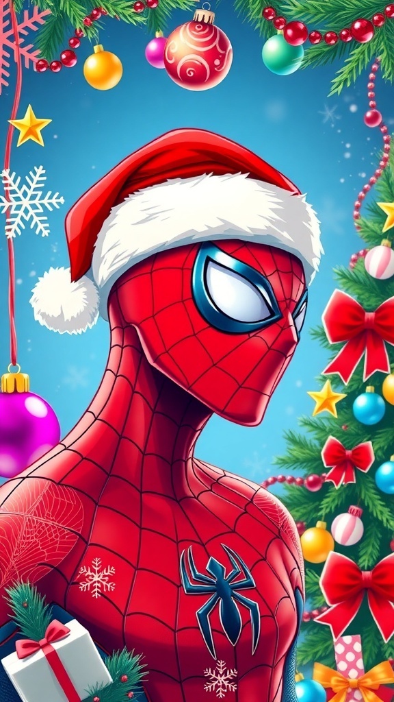 Spiderman in a Santa hat with Christmas decorations for a festive profile picture.
